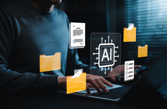 AI document management and intelligent file automation concept. Person using laptop with digital folders, documents, checklist icons. smart organization, automated processing, efficient data workflow
