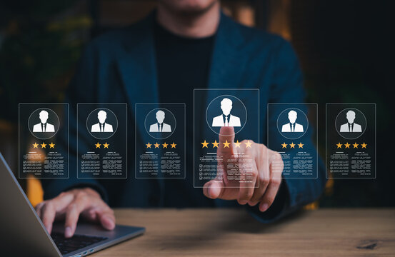 Employee evaluation and candidate rating selection concept. HR manager reviewing profile cards and star ratings representing talent assessment, recruitment screening, human resources decision making