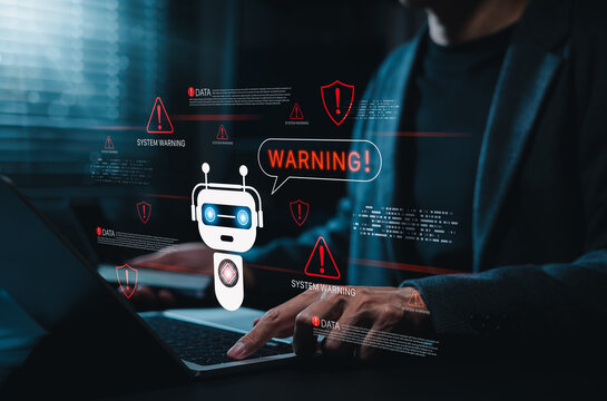 AI cybersecurity warning concept. Person using laptop with chatbot detects system threats, data breach alerts, malware risks, network errors, digital security issues, cyber awareness, error monitoring