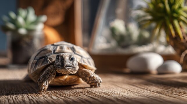 Adorable miniature reptile resting on wood with leafy plants in a calm indoor habitat