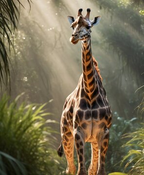 ​Majestic Giraffe Standing in a Dense Jungle with Sunbeams Piercing the Canopy