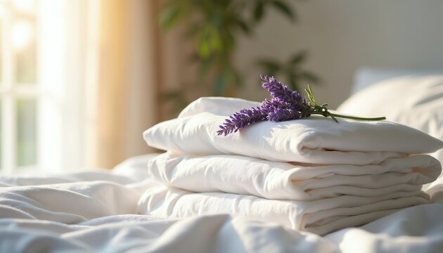 Neatly folded white bed linens topped with lavender sprig rests on bed. Morning sunlight filters through window creating soft ambiance. Fresh textile stack suggests comfort and peaceful rest.