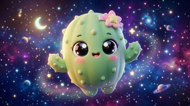 Cute cartoon cactus character with flower on head floating in colorful starry galaxy space background