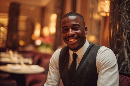 Handsome waiter smiling at camera in upscale dining room, waist-up portrait with text space