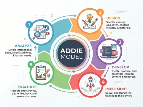 ADDIE model outline illustrates the cyclical instructional design process with clear phase icons, cycle arrows connect steps, magnifying glass, rocket, clipboard stand out, transparent background.