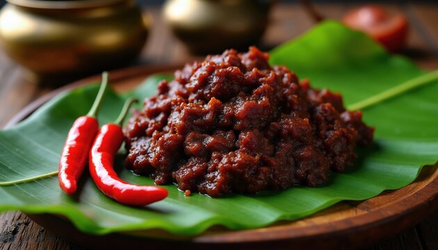 Rich beef rendang paste sits on a banana leaf with red chilies nearby. This savory dish is a culinary delight, perfect for Asian cuisine lovers. Ingredients include spices, herbs, and chili.