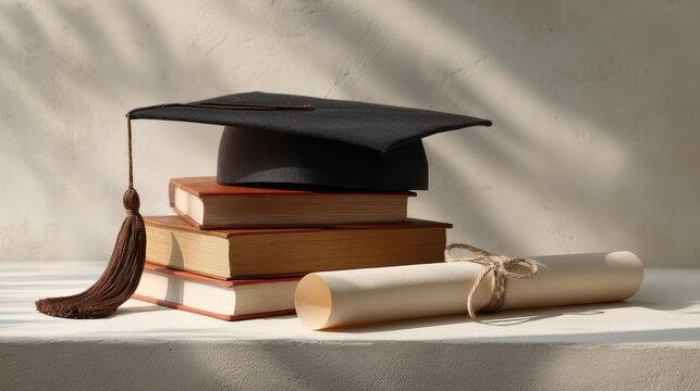 Celebration of learning: cap, books, and diploma arranged on white backdrop