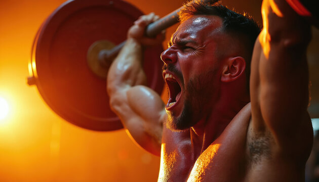 Man lifts heavy barbell overhead, straining with intense effort and loud shout. Muscular athlete exerts maximum power in gym, sweat glistens under warm gym lighting.