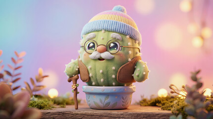 Fototapeta premium Cute cartoon cactus character wearing a colorful striped hat and glasses, holding a walking stick, sitting in a pot on a wooden surface with festive lights in background.