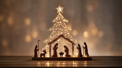 Obraz premium Sparkling Christmas tree and nativity scene stand out against a soft background, their bright, warm lights creating a festive, cozy feeling.