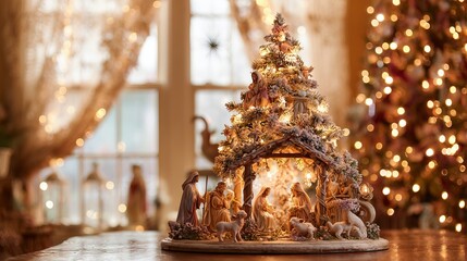 Naklejka premium Sparkling Christmas tree and nativity scene stand out against a soft background, their bright, warm lights creating a festive, cozy feeling.