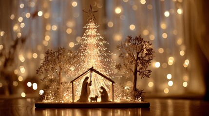 Obraz premium Sparkling Christmas tree and nativity scene stand out against a soft background, their bright, warm lights creating a festive, cozy feeling.