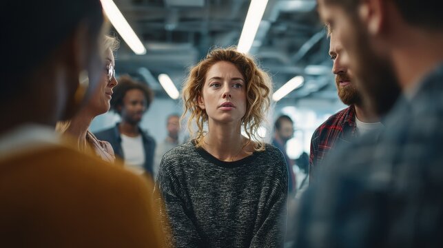 Anxious young woman surrounded by a circle of accusing coworkers in a modern office