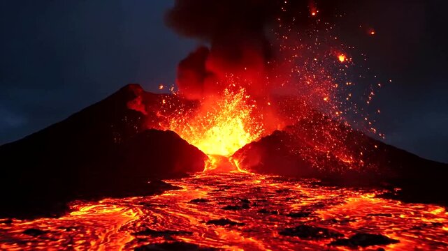 Spectacular Volcano Eruption at Night with Flowing Lava and Ash Plume.