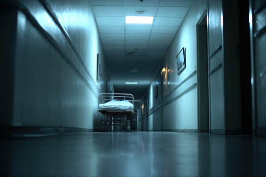 Empty gurney in a long, dimly lit hospital corridor