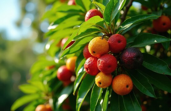 Cluster of ripe pitanga fruits on green branch. Small red yellow and dark berries grow on tree. Healthy juicy fruit ready for harvest in summer.