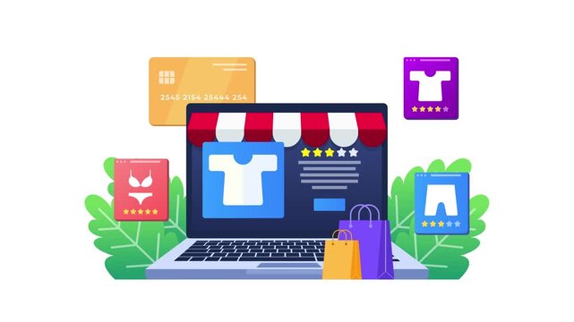 Illustration of online shopping website on laptop with credit card and shopping bags for commerce