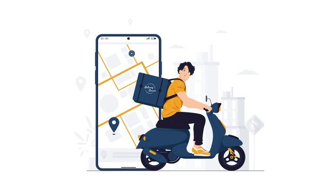Illustration of a courier riding a scooter with a delivery box near a mobile smartphone