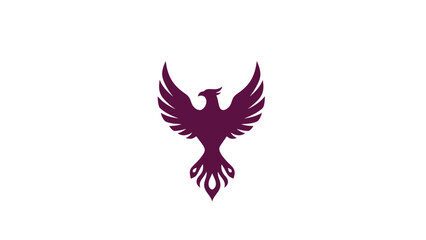 Fototapeta premium A stylized, dark purple phoenix with spread wings and ornate tail feathers against a white background