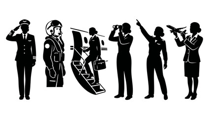 Female Pilot Silhouette Set, Aviation Professional Characters Collection, Woman Captain In Uniform, Airplane Crew Roles, Airport Staff Icons, Isolated Vector Style Illustrations For Travel And Career © Fernando