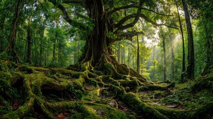 Fototapeta premium Emerald jungle scene featuring an ancient tree and colossal roots
