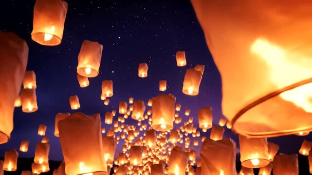 Thousands of Glowing Lanterns Ascend into the Starry Night Sky.