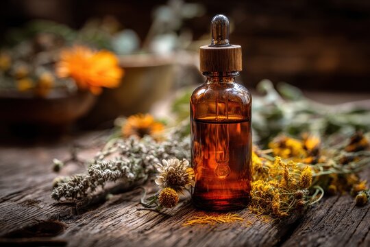 Amber tincture bottle with dried herbs on wooden surface, selective focus