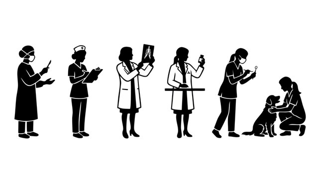 Medical Professionals Silhouette Icons Set, Doctors and Nurses in Clinical Practice, Healthcare Staff Characters Collection for Hospital and Veterinary Clinic UI Design or Infographic Health Elements