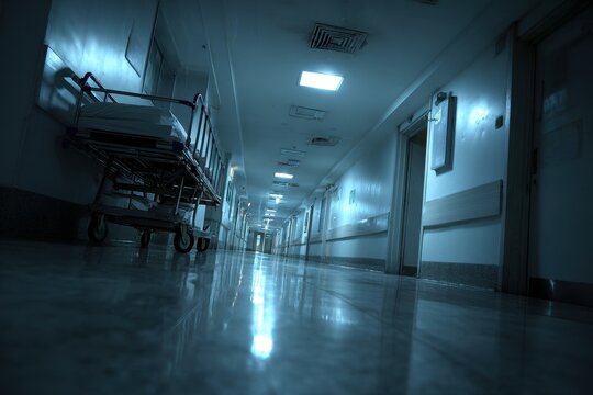Dim hospital corridor at night with an empty gurney under cold fluorescent light