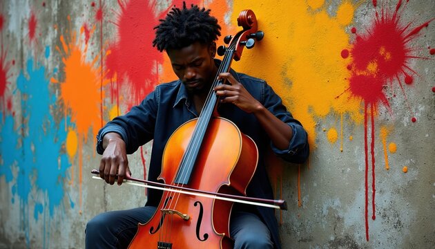 Black man plays cello music on vibrant urban wall. Artist creates sound with bow on string instrument. Expressive street performance, classical tune.
