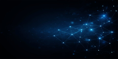 Fototapeta premium Abstract futuristic blue network wave with luminous nodes and digital connections on dark background, illustrating ai technology, data transfer, blockchain networks, and modern cyberspace systems