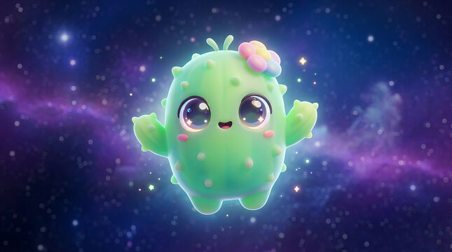 Cute green alien creature with big eyes and flower on head floating in deep space galaxy background