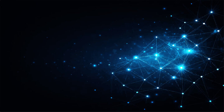 Glowing blue data network with interconnected nodes and flowing lines on dark futuristic background, cybernetic systems, global connectivity, and tech innovation