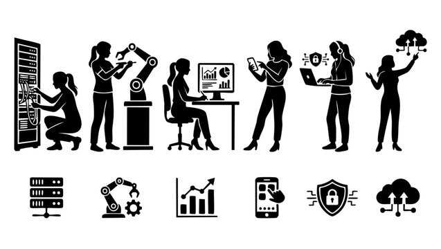 Digital Transformation Technology Concept Icons Set with Business Women Silhouettes Working with Server Room, Robotics, Data Analytics, Mobile App Development, Cybersecurity and Cloud Computing Soluti