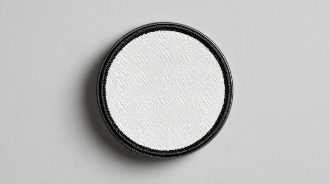 Blank round embroidered patch mockup with black edge and white center, top view