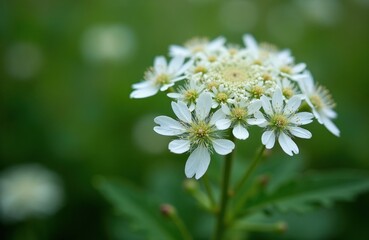 Naklejka premium Delicate white cow parsley flowers bloom close up. Small white petals surround yellow centers. Green bokeh background softens focus on plant life.