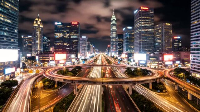 Vibrant Cityscape at Night with Streaking Car Lights on Overpass.