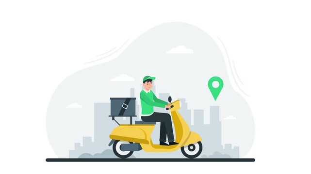 A flat vector illustration of a delivery man riding a yellow scooter in the city