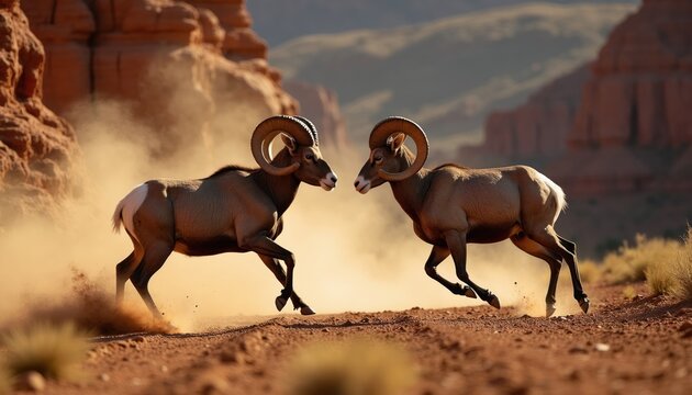 Two rams race head-on through desert canyon dust kicking up from hooves. Wildlife battles for dominance as males compete in arid terrain. Majestic animals charge across dry landscape under warm sun.