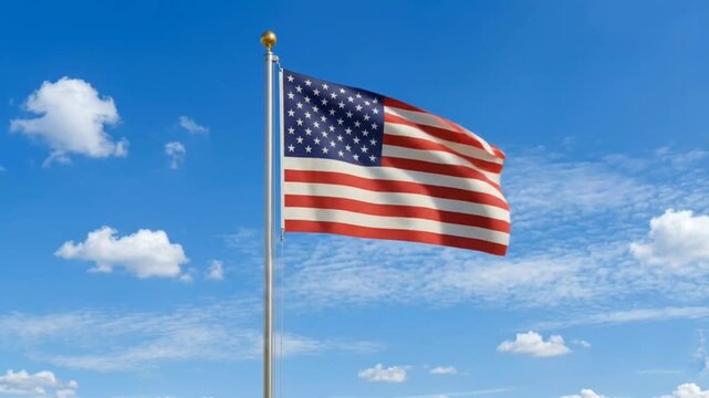 The United States of America flag flies against a bright blue sky.