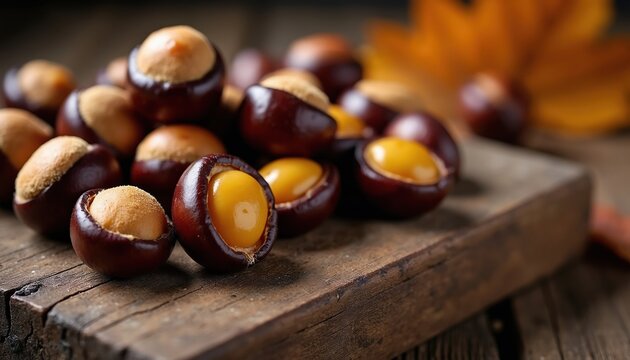 Pile of ripe horse chestnuts on rustic wood board. Shiny brown nuts with tan seed peeking out. Autumn leaf hints at fall season harvest. Close-up on organic food ingredients.