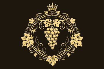 Elegant golden grape vine wreath with crown on dark background for wine label design © Mofajjol