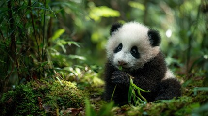 Obraz premium Charming infant panda among bamboo stalks in a sunlit forest setting