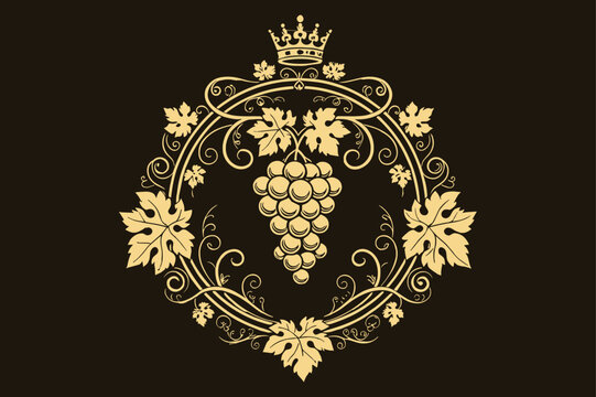 Elegant golden grape vine wreath with crown on dark background for wine label design