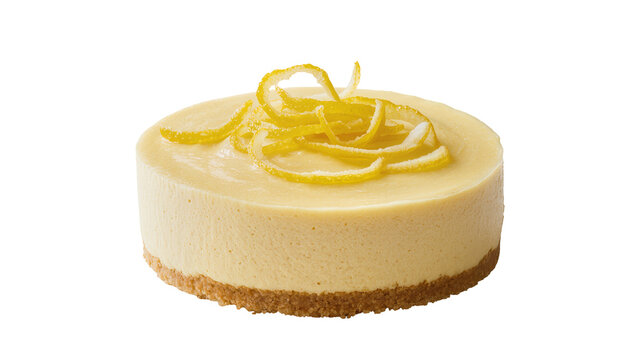 Round lemon cheesecake with graham cracker crust and candied lemon zest, isolated on transparent background