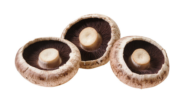 Three large portobello mushrooms with dark brown gills, isolated on transparent background