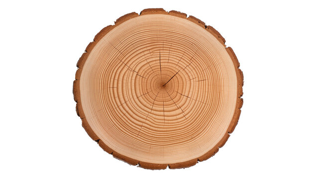 Cross section of a light brown wood log with visible growth rings, isolated on transparent background