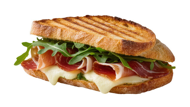 Grilled panini sandwich with prosciutto mozzarella and arugula, isolated on transparent background