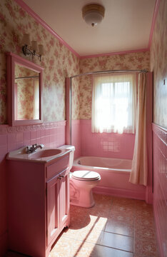 Retro pink bathroom interior with floral wallpaper and vintage tiles. A dated residential space features a bathtub, toilet, and vanity with a mirror. Natural light streams through window.