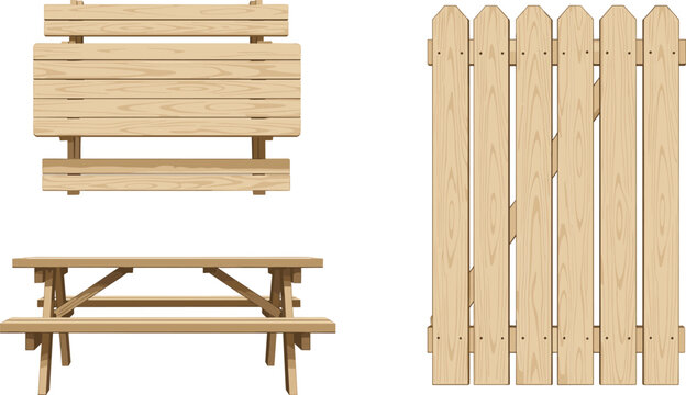 Wooden fence panels, picnic table, and folding wooden table on white background set
